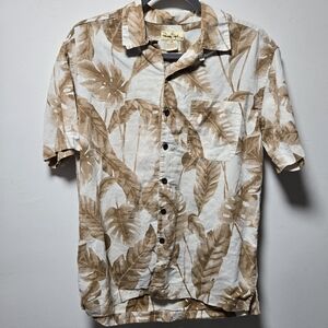 Panama Jack Tan White Short Sleeve Button Up Shirt Size Small Tropical Vacation